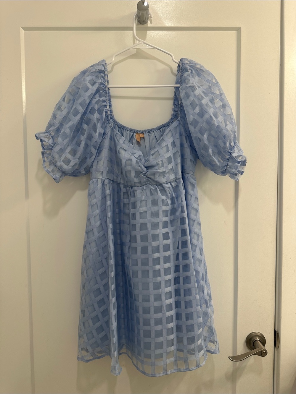 Light Blue Gingham Sheer Puff Sleeve Mini Dress